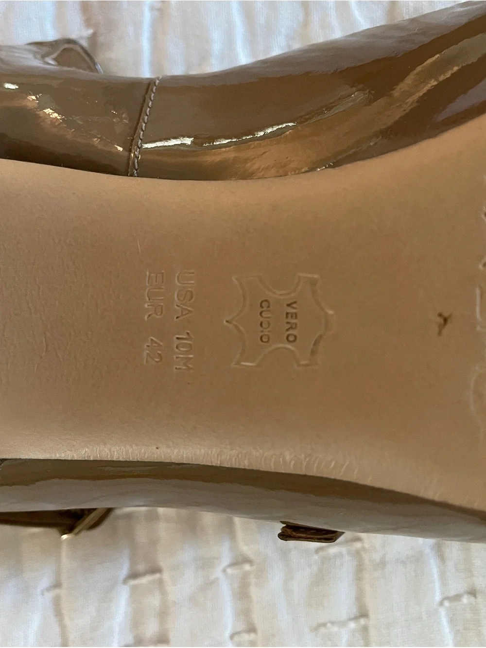 Via Spiga Taupe Patent Slingback Heels with Orange Insoles
